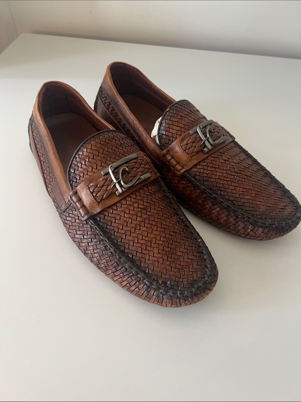 Men's Woven Leather Slip-On Loafers in Brown with Silver Accent